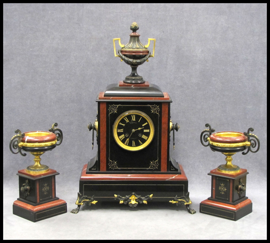 French carved and marble clock garniture set, signed ‘L. Benaud,’ 19th century. Estimate: $1,000-$1,500. Image courtesy of William Jenack Estate Appraisers and Auctioneers.